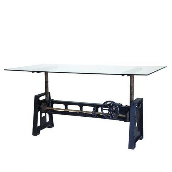 Tavolo Industrial regolabile in altezza con piano in vetro L200xP100xH78 cm.